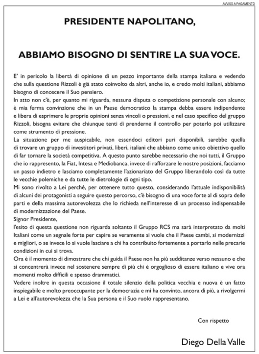 La lettera pubblica scritta da Diego Della Valle al Presidente della Repubblica Giorgio Napolitano (ilpost.it)